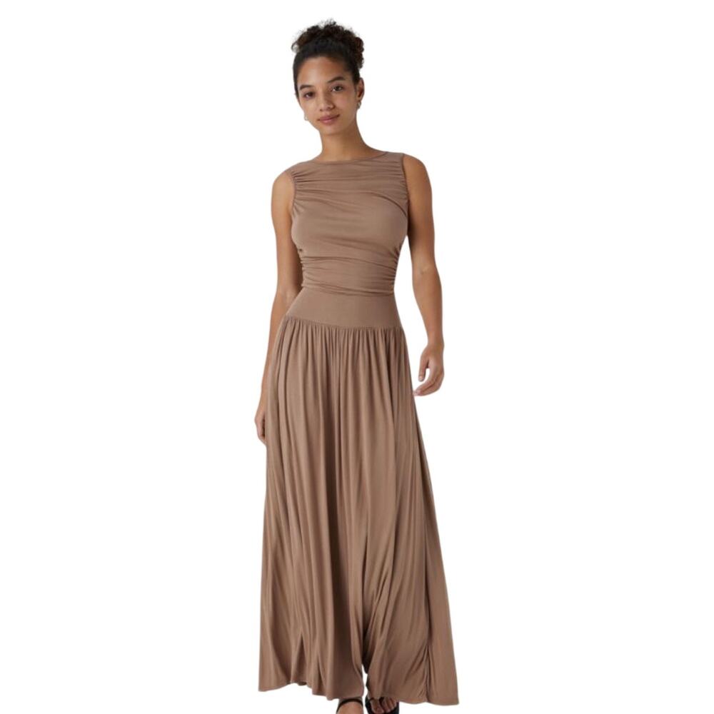 Ribbed Boat Neck Asymmetric Strap Ruched Pocket Flowy Maxi Dress Beaver Fur